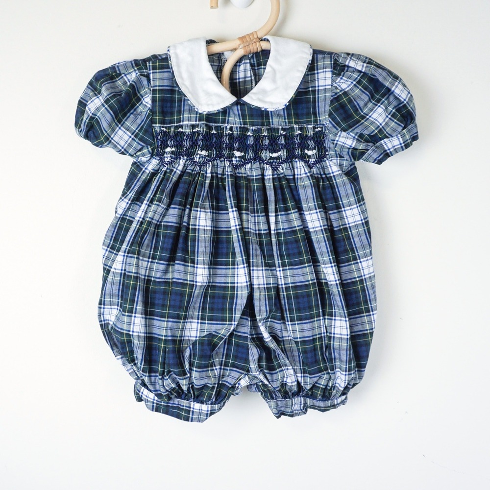 Arc-en-ciel Plaid Smocked Romper‎ Kids 0-3M Blue Green Made in Italy Bubble